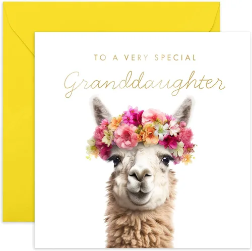 Old English Co. - Tarjeta de felicitación para nieta muy especial, bonita tarjeta de cumpleaños floral de llama para ella, lindas tarjetas de