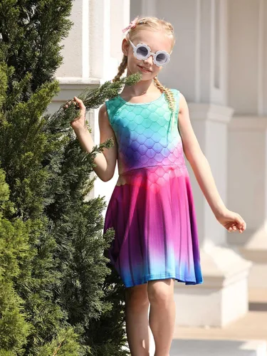 Miniatura 3 de Funnycokid Vestido de sirena para niñas, vestidos de verano sin mangas, vestido de cumpleaños, vestido de verano con vuelo, traje de 4 a 13 años