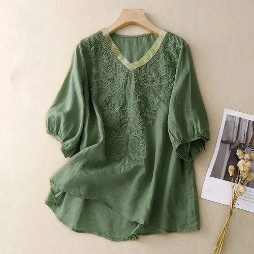 Miniatura 2 de Blusas de lino de algodón para mujer, elegantes botones de media manga, color sólido, cuello redondo, blusa suelta casual, C-verde