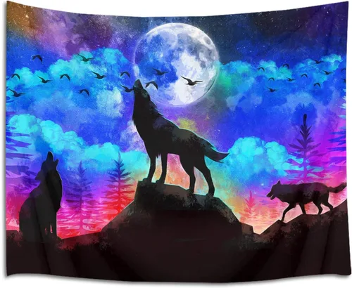 Miniatura 8 de HVEST Tapiz de lobo, tapiz de bosque psicodélico, tapiz para colgar en la pared, tapices de luna, animales salvajes, decoración de habitación, manta