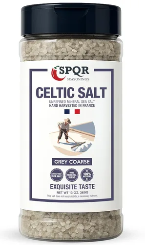 Sal marina mineral sin refinar de grano grueso gris celta cosechada a mano en Francia XL 13oz. Botella por SPQR Seasonings