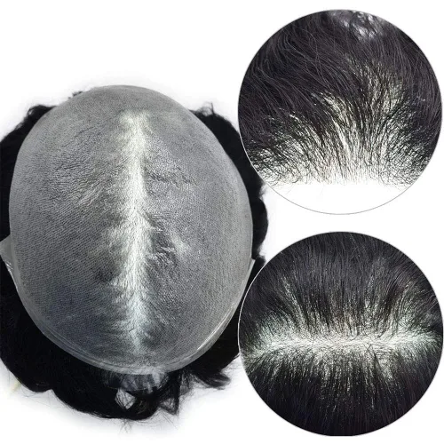 Miniatura 8 de Toupee para hombres pieza de pelo 0.002 in piel ultra fina para hombre Toupee cabello humano gris sistema de reemplazo para hombres sistema
