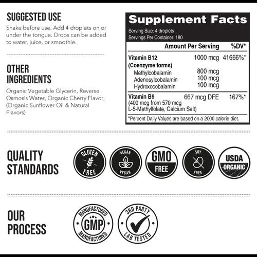 Miniatura 7 de BioActive Vitamina B12 1000 mcg Contiene 3 formas bioactivas B12 Plus metilfolato Cofactor - Metilo B12, adenosilo B12 e hidroxi B12