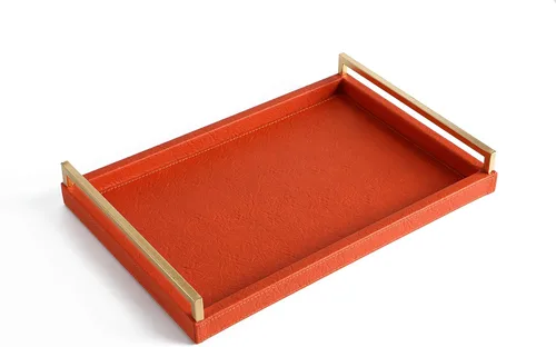 Miniatura 7 de Bandeja otomana de cuero de 17.8 x 11.8 pulgadas, bandeja grande para servir con asas doradas cepilladas para bares, fiestas, comedor, bandeja