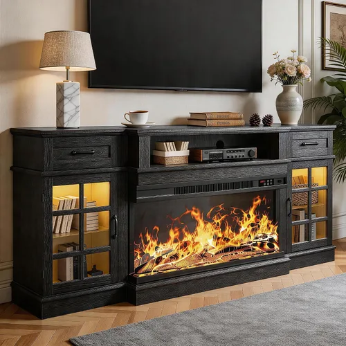 Miniatura 10 de MXV Soporte de TV con chimenea de 70 pulgadas, chimenea de vidrio de 3 lados y centro de entretenimiento moderno, consola multimedia de madera