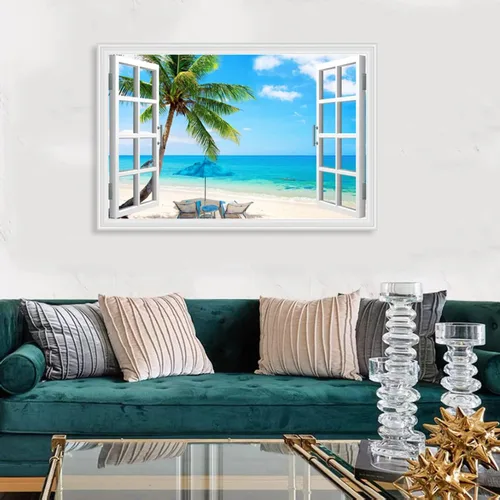 Miniatura 4 de Woxfcart Arte de pared de palmera de playa, imagen de escena del océano con impresiones de ventana para decoración de sala de estar azul y verde