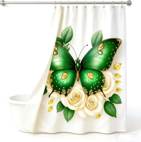Miniatura 2 de Cortina de ducha de mariposas Dreamrflove, 1 unidad de cortinas de ducha de mariposas para baño, cortina de ducha floral de mariposas verde, cortina