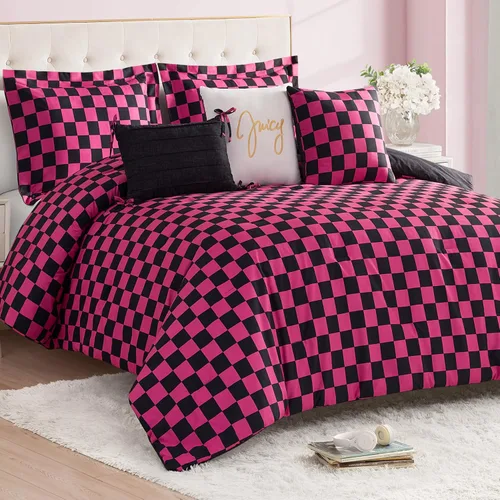 Miniatura 7 de Juego de edredón reversible de cuadros de Juicy Couture, juego de 5 piezas tamaño individual/individual XL, negro/rosa intenso