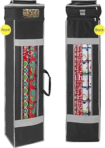 ProPik Bolsa organizadora de almacenamiento de papel de regalo navideño con bolsillo y asas, incluyendo lazo para colgar, material resistente con