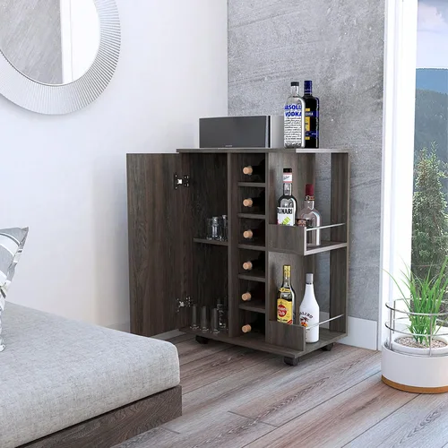 Miniatura 4 de Tuhome Carrito de bar, dos estantes externos, cuatro ruedas, seis estante de vino incorporado, gabinete de una sola puerta -Espresso