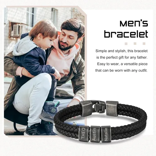 Miniatura 8 de Pulsera personalizada con nombre para hombre, pulsera de cuero personalizada para hombre con 2-5 cuentas vintage grabadas con nombres de familia