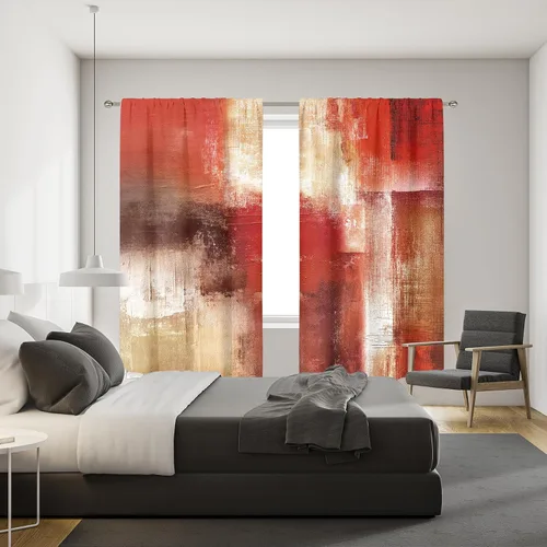 Miniatura 5 de MESHELLY Cortinas Rojas Abstractas 42Wx63H Pulgadas Bolsillo para Varilla Bloques Rústicos Borgoña Marrón Pintura al Óleo Casa de Campo Dormitorio
