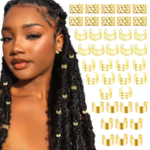 40 brazaletes dorados para el cabello para rastas, trenzas, rastas – aleación de metal sin perforación, anillos y clips ajustables para el cabello