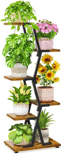 LASZOLA Soporte para plantas de 5 niveles alto de madera y metal para interiores para macetas de servicio pesado, estante vertical grande de