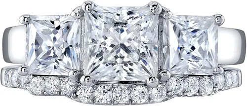 Miniatura 3 de Peora Anillo de compromiso y alianza de boda de 3 piedras de moissanita de 2.75 quilates para mujer, plata de ley 925, color D-E, claridad VVS