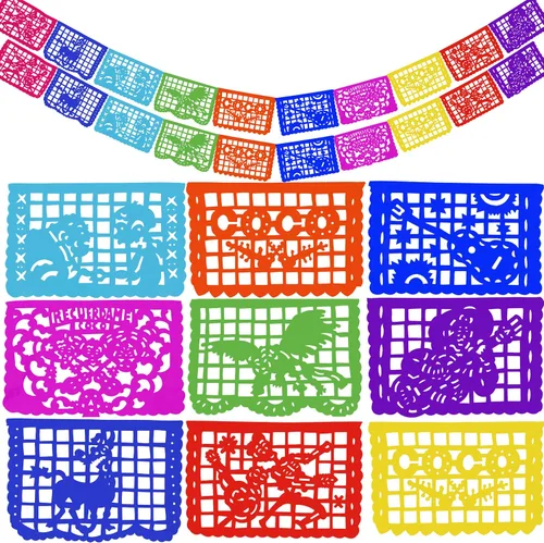 Decoraciones de fiesta de Coco – Juego de pancartas de papel picado de plástico (paquete de 2, 10 banderas por pancarta) – Decoración mexicana para