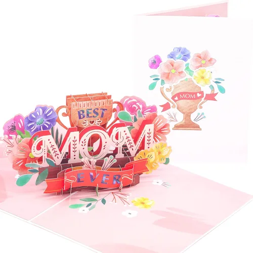 PopLife Tarjeta desplegable 3D con texto en inglés "Best Mom Ever", tarjeta para el día de la madre, cumpleaños floral, felicitaciones, mejora -