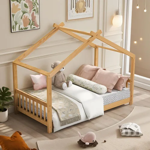 Miniatura 21 de Camas de madera Montessori tamaño individual, cama de plataforma para niños con cabecero y estribo, cama de tienda de campaña, no necesita somier