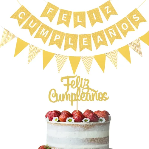 Juego de decoración de Feliz Cumpleaños en español – Decoración de pastel de Feliz Cumpleaños Bandera Triángulo Bandera Oro Feliz Cumpleaños Banner