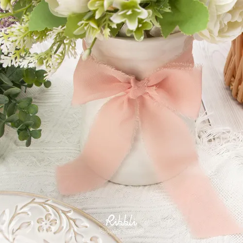 Miniatura 4 de Ribbli - Cinta de gasa de 1.5 pulgadas x 30 yardas de seda hecha a mano, color marfil/rosa suave/verde salvia con flecos, para invitaciones de boda