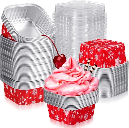 Miniatura 8 de 100 piezas de tazas de aluminio para Navidad, contenedor de cupcakes de papel de aluminio con tapas, 5 onzas, molde cuadrado de papel de aluminio