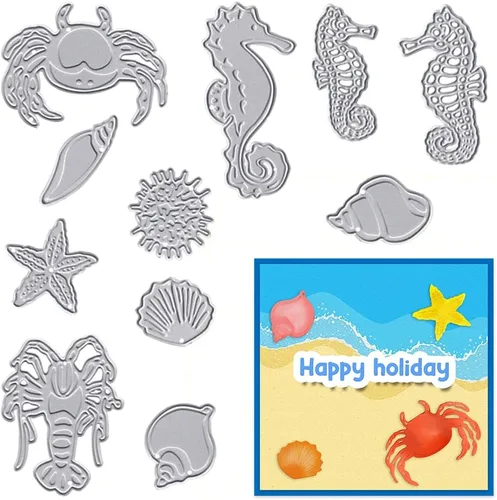 Hying Troqueles de metal de animales marinos y estrellas de mar para hacer tarjetas, caracola, cangrejo de coral, troqueles de caballito de mar,