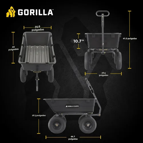 Miniatura 4 de Gorilla Carts Carro Volquete de Patio de Polietileno Resistente, Tina de 6 Pies Cúbicos, Capacidad de Transporte de 1200 Libras, Color Negro – Carro