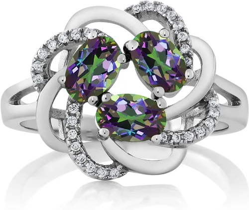 Miniatura 7 de Gem Stone King Flower Blossom Gemstone Birthstone Ring in 925 Sterling Silver 3-Stone Oval 6X4MM with Sparkling Accents Wedding Anniversary