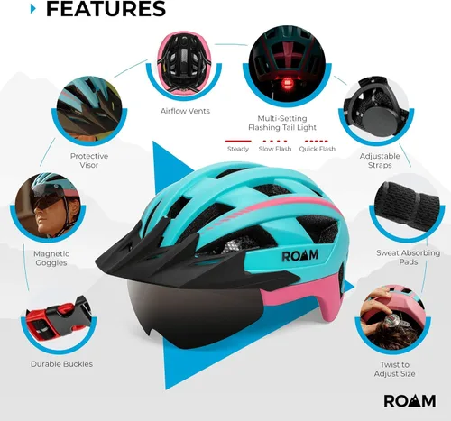 Miniatura 4 de Roam Casco de bicicleta de carretera, cascos duraderos para adultos con visera solar, luz LED y gafas magnéticas desmontables, tamaño ajustable