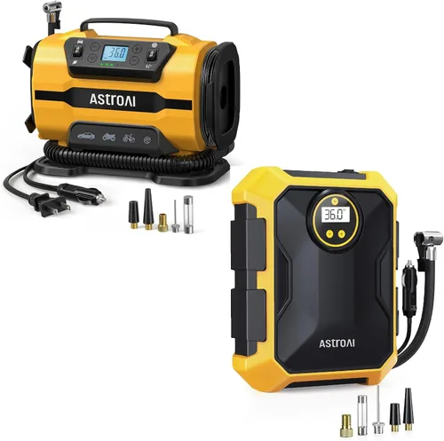 AstroAI Inflador de neumáticos Compresor de aire portátil 150PSI 12V DC/110V AC con motores metálicos duales Bomba de aire para neumáticos de