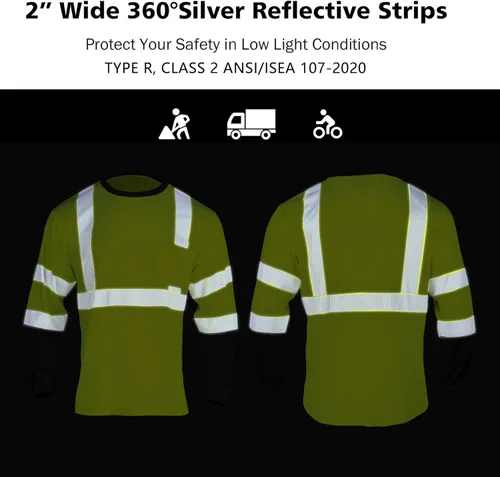Miniatura 6 de VENDACE Camisetas reflectantes de seguridad de manga larga de alta visibilidad para hombre, ANSI Clase 3, alta visibilidad, camisetas de trabajo