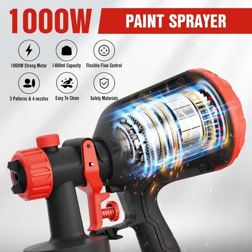 Miniatura 2 de EWORK Pulverizador de pintura de 1000 W HVLP pistola de pintura eléctrica, 180 Din/s, sin adelgazamiento, capacidad de 47.3 fl oz, 4 boquillas y 3