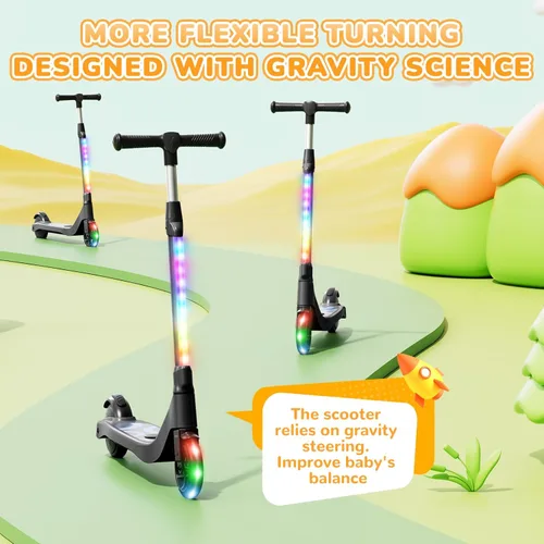 Miniatura 5 de Patinete eléctrico para niños de 6 a 12 años, scooter plegable con altura ajustable, motor de 80 W, 6 MPH, luces LED coloridas, frenos duales