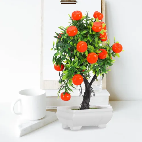 Miniatura 8 de HOMSFOU Árbol de kumquat simulado de imitación naranja bonsái con base de madera, pequeña planta de fruta artificial en maceta para el hogar