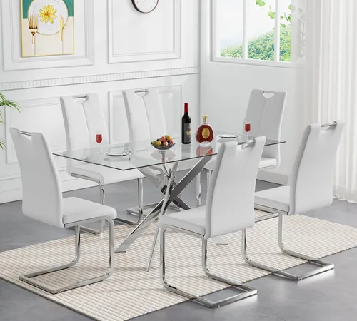 Miniatura 68 de Juego de mesa de comedor redonda de 3 piezas para 2, mesa de cocina moderna de vidrio plateado y sillas para 2 con sillas tapizadas, juego de mesa