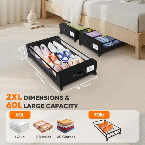 Miniatura 2 de Camkey® Almacenamiento debajo de la cama con ruedas de 360°, paquete de 2 unidades, contenedores rodantes de bajo perfil de 60L debajo de la cama