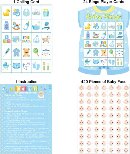 Miniatura 2 de Tarjetas de bingo para baby shower, 24 invitados, color azul, para recién nacidos, suministros de fiesta de baby shower