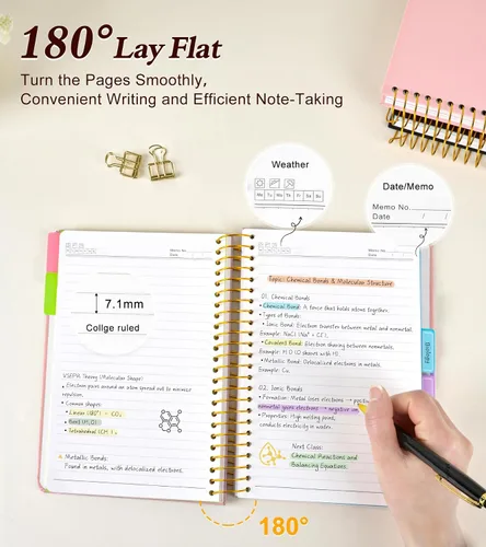 Miniatura 8 de Cuaderno de 5 asignaturas con rayas universitarias con pestañas divisorias de bolsillo removibles, cuaderno en espiral de 240 páginas de 8.5 x 11