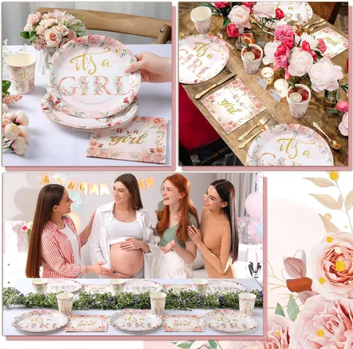 Miniatura 7 de Hushee 200 piezas de platos de papel, servilletas y vasos florales para baby shower, juego de vajilla para fiesta de baby shower, vasos y Rosa
