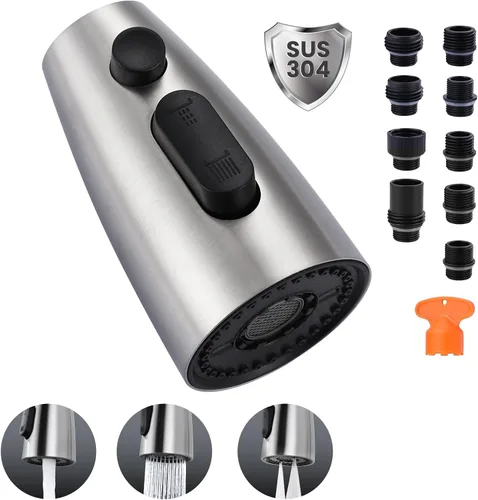 Miniatura 13 de Repuesto de cabezal de grifo de cocina: cabezal rociador de acero inoxidable, 3 modos de boquilla de pulverización extraíble con 9 adaptadores