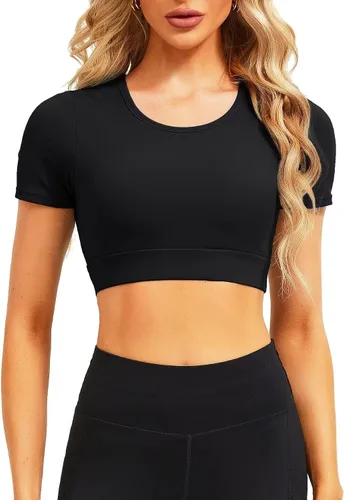 Miniatura 2 de TZLDN Camiseta corta de entrenamiento para mujer, sin costuras, para yoga, gimnasio, manga larga, deportiva, ajustada