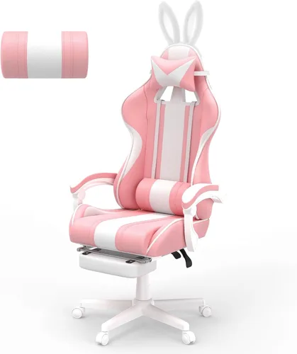 Ferghana Kawaii Bunny Ears - Silla de juegos con reposapiés y masaje, silla ergonómica de cuero para juegos de computadora para niñas, adultos, Rosa