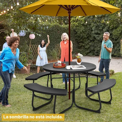 Miniatura 2 de Tangkula Mesa de Picnic para 8 Personas, Mesa de Picnic Redonda para Exteriores con 4 Bancos Incorporados, Agujero para Sombrilla, Estructura