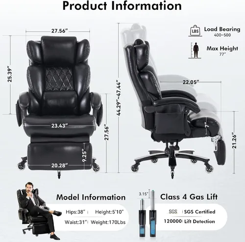 Miniatura 2 de Silla de oficina ergonómica grande y alta con reposapiés, silla de escritorio ejecutiva de masaje resistente con soporte lumbar, reposacabezas