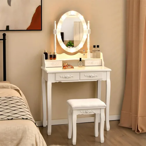 Miniatura 15 de Giantex Juego de tocador con espejo iluminado, mesa de maquillaje con 10 luces rosadas, escritorio de tocador moderno con taburete acolchado, 3