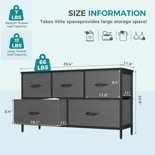Miniatura 3 de OLIXIS Cómoda para dormitorio con 5 cajones, cómoda ancha, cómoda de tela con organizadores de cajones, unidad organizadora de almacenamiento