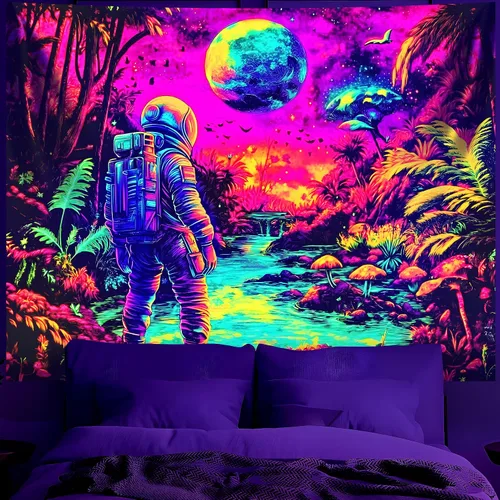 Miniatura 23 de BVBOX Tapiz de astronauta espacial con luz negra, reactivo a los rayos UV, galaxia, planeta que brilla en la oscuridad, póster de luz negra, arte