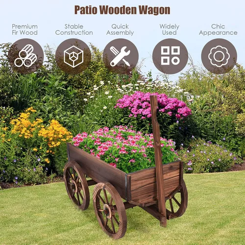 Miniatura 2 de S AFSTAR Carro de madera, soporte para maceta de flores de madera con 4 ruedas y agujeros de drenaje, maceta Amish, soporte de maceta rodante