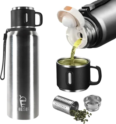 Miniatura 16 de Botella aislada de acero inoxidable, 20 onzas con taza, botella de agua aislada al vacío, termo para bebidas calientes/bebidas frías, viaje con Verde