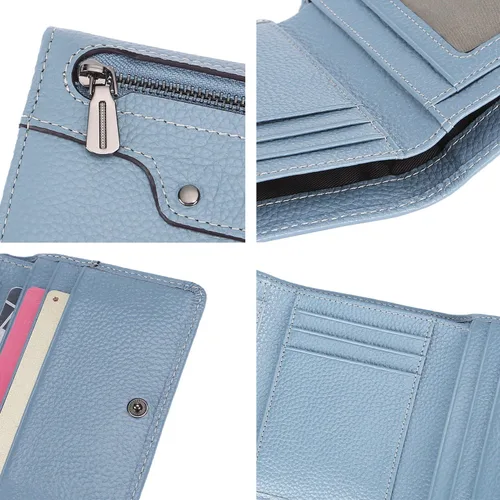 Miniatura 7 de AINIMOER Cartera pequeña de piel para mujer, delgada, compacta, con bloqueo RFID, con bolsillo para monedas, Bloqueo Rfid de Lichee Gray Blue